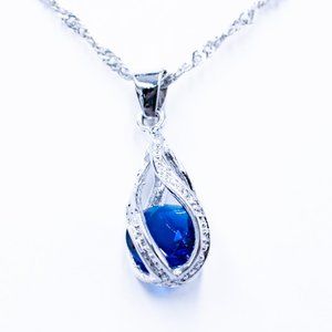 Dark Blue Zircon Pendant in Silver Necklace